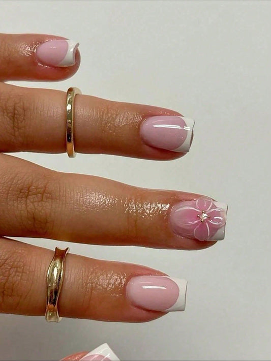 10Pcs Elegant Style Pink and White Short Square Press on Nails, 3D Flower Handmade French Fake Nails, Pink Flower Shape, Small Rhinestone Inlaid in the Flower Center, Elegant yet Sweet Romance, Suitable for Daily, Dating, Summer Travel, Perfect Gift for L