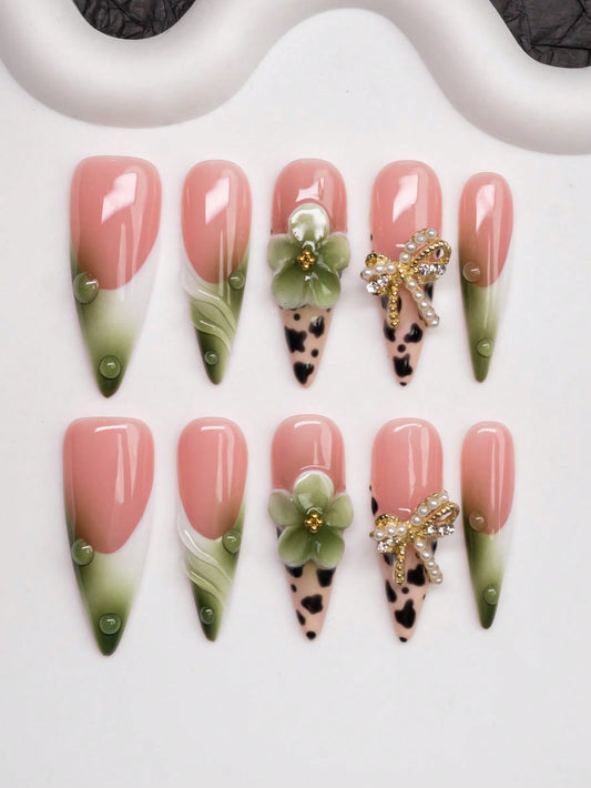 Handmade Almond-Shaped Press-On Nails with Y2K Baddie Style, Featuring Nude, Green, and White Nail Plates with Cream Tip, Tie Dye, Floral Embellishments, Water Drops, and Bow Designs. Designed for Women and Girls, 10Pcs/Set with 3 Size Options, Suitable for Parties, Ceremonies, and Daily Wear. Includes Manicure Tools, Ideal Gift for Ladies and Girls. Nail Supplies Nails