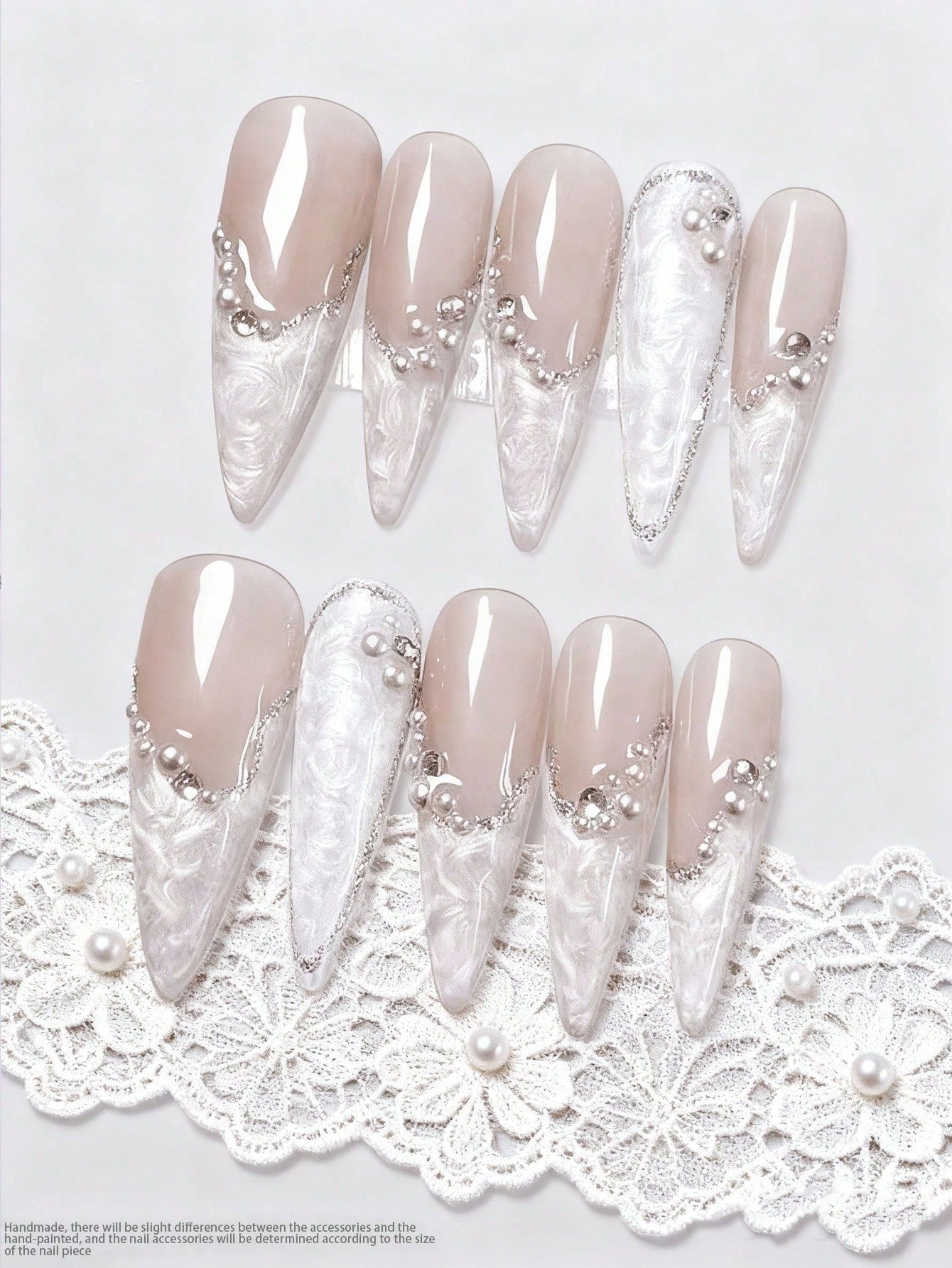 10Pcs Handmade Manicure, Almond Long Tip French Pearl Diamond Manicure, Fantasy High-End Fake Nails, Creative Patterns, Cartoon Sweet, Cool, Unique and Cute High-End Cartoon Manicure Press on Nails Nail Supplies Nails