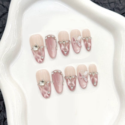 10Pcs Handmade Press on Nails Pink Butterfly Design Fake Nails Wearable Reusable Glitter Cat Eye Sweet Korean False Nail Tips