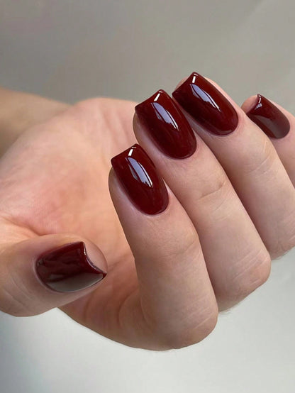 10Pcs Handmade Burgundy Solid Color Short Square Fake Nails with 1Pc Jelly Gel Sheet and 1Pc Nail File Press on Nails Nail Supplies Nails