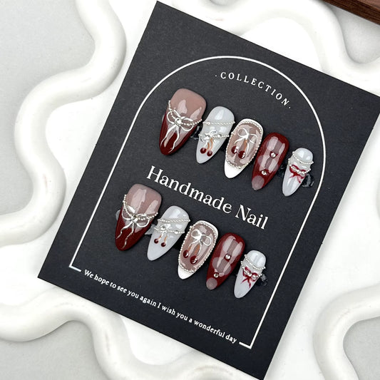 10Pcs Handmade Press on Nails Baroque Bowknot Design False Nails Wearable Crystal Red French Almond Shaped Fake Nail Tips