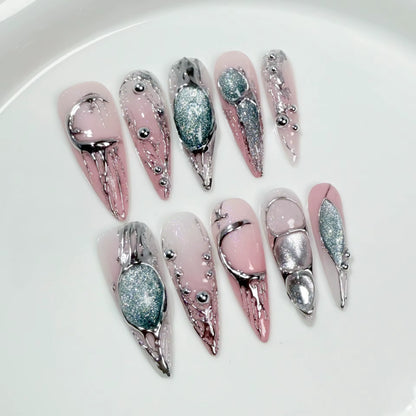 10Pcs Black Handmade Press on Nails Coffin Fake Nails Full Cover Gradient Metal Contrast Artificial Manicure Wearable Nail Tips