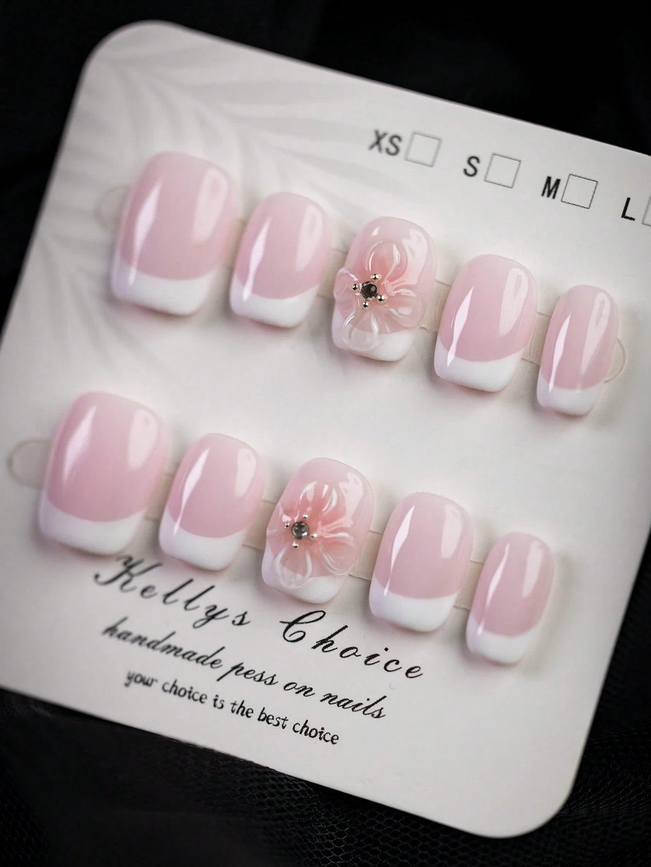 10Pcs Elegant Style Pink and White Short Square Press on Nails, 3D Flower Handmade French Fake Nails, Pink Flower Shape, Small Rhinestone Inlaid in the Flower Center, Elegant yet Sweet Romance, Suitable for Daily, Dating, Summer Travel, Perfect Gift for L