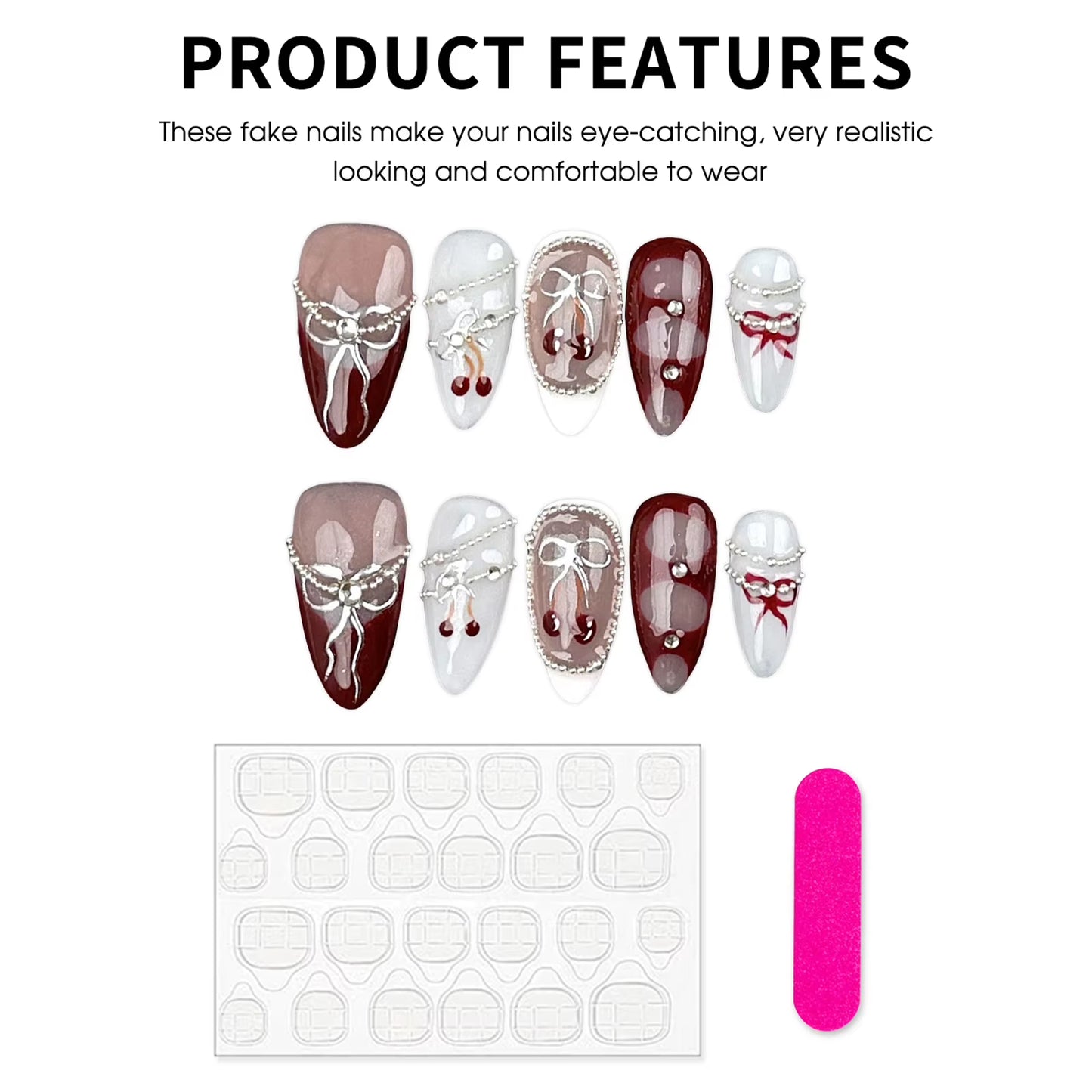 10Pcs Handmade Press on Nails Baroque Bowknot Design False Nails Wearable Crystal Red French Almond Shaped Fake Nail Tips