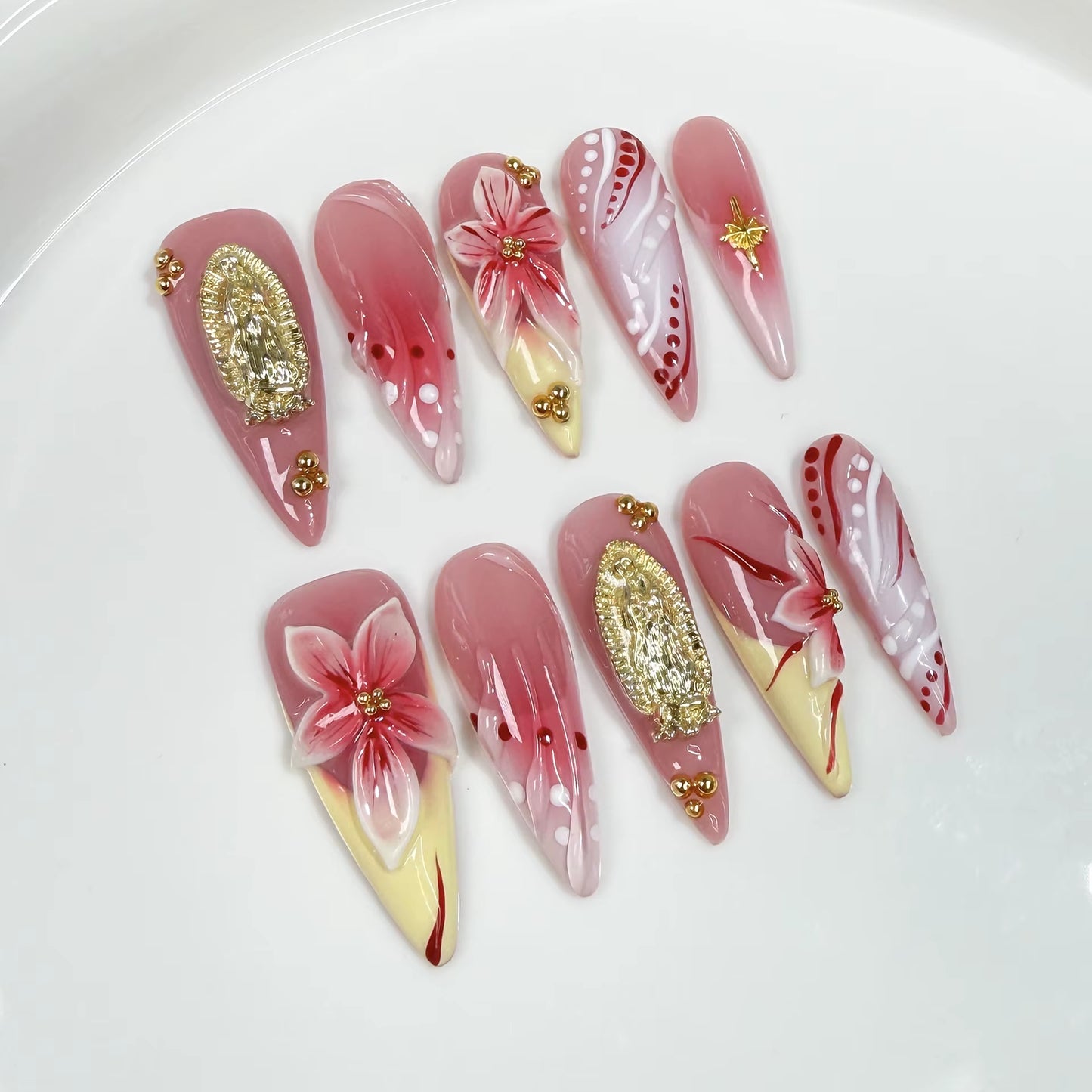 10Pcs French Long Stiletto Handmade False Nail Set Flower Diamond Design Stick on Nail Tip Pink Press on Fake Nails Art Finished