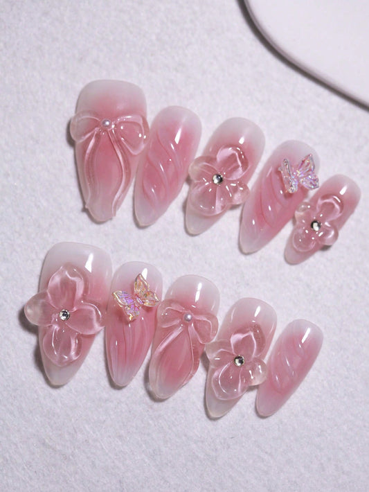 3D Floral and Bow Knot Nail Decoration Blush Ombre Pink Color Manual Nails 100% Handmade Press on Nails Almond 10Pcs Fake Nail Tips Reusable Nail Art Design Nail Products for Women and Girls